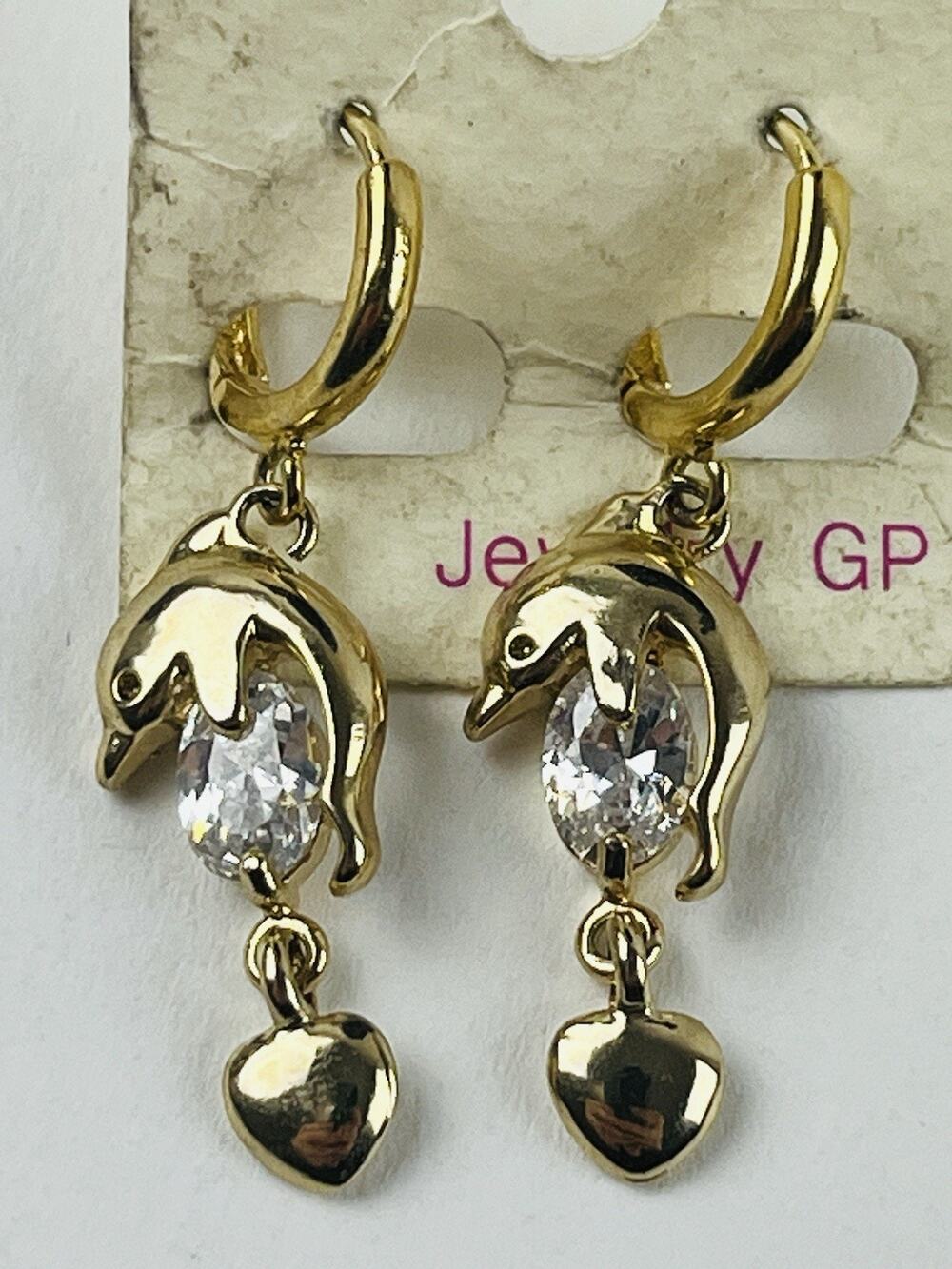 14K Yellow Gold Dolphin Earrings Dangle Rhinestone GP Vintage Hearts on Card ton